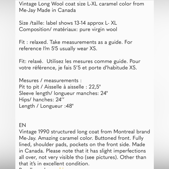 Vintage 100% Wool coat L- XL caramel from Me-Jay Made in Canada - Picture 14 of 14